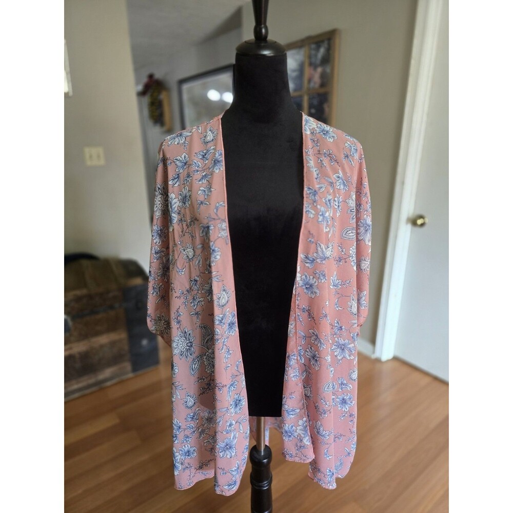 Emory Park Kimono Womens One Size Sheer Pink Blue Floral Boho Open Front